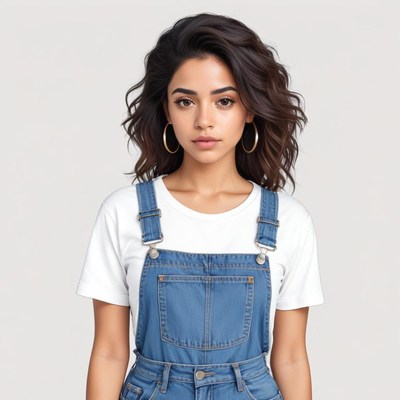 Confident young woman in denim overalls posing calmly
