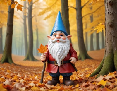 Colorful gnome stands in a serene autumn forest