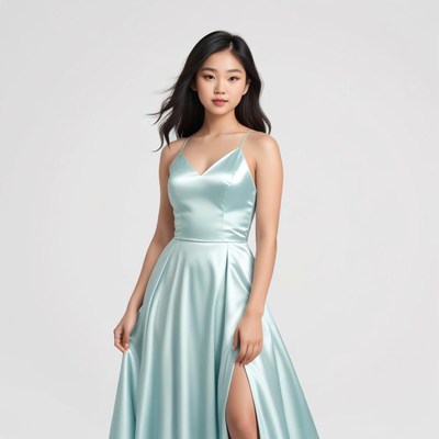 Model poses elegantly in light blue satin dress