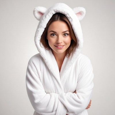 Cozy woman in a bear hooded robe smiling happily