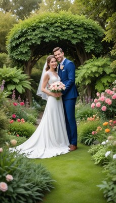 Couple pose joyfully in lush garden on wedding day