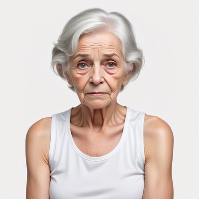 Elderly woman with gray hair and thoughtful expression