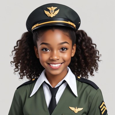 Young girl dressed as a pilot with a bright smile