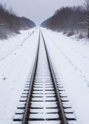 Winter scene with snow-covered train tracks in the woods