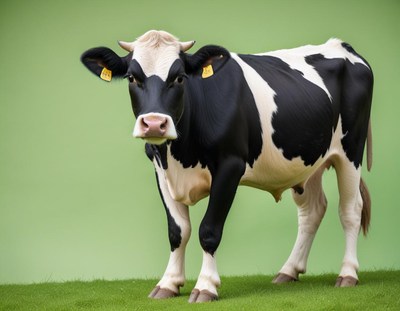 Cow standing on green grass with a plain backdrop