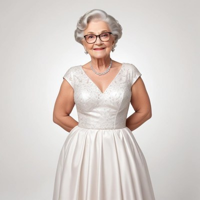Elderly woman in white dress poses with grace and elegance