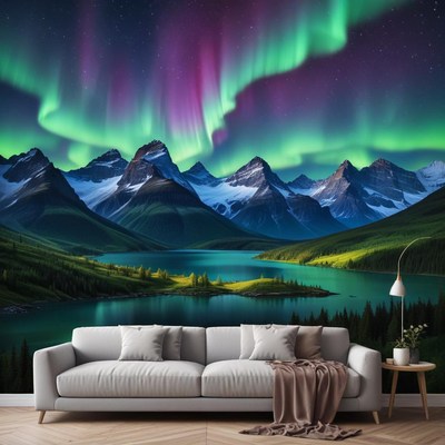 Majestic northern lights over tranquil mountain lake