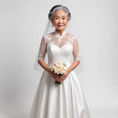 Elegant bride wearing a timeless gown with flowers in hand