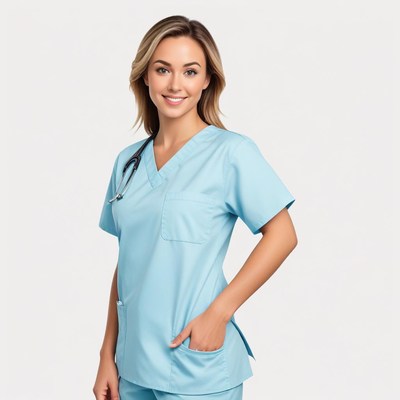 Nurse in blue scrubs smiling in a studio setting