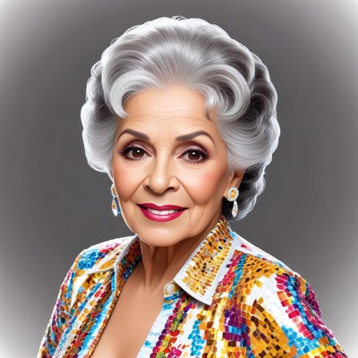 Elegant woman with silver hair and colorful attire