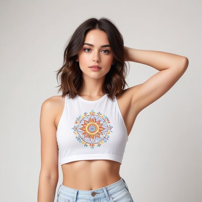 Model poses in stylish crop top in a studio setting