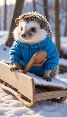 Hedgehog in a blue sweater playing on a sled in winter