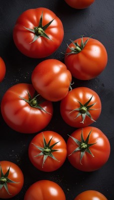 Fresh red tomatoes arranged on a dark surface