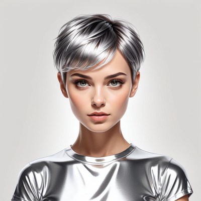 Woman with stylish short silver hair in reflective top
