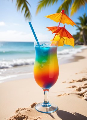 Colorful tropical drink served on sandy beach