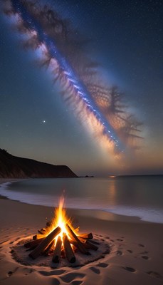 Starlit beach campfire under a shimmering sky