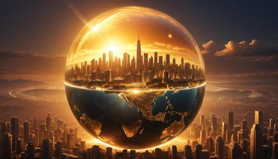 City skyline inside a glowing sphere of earth at sunset