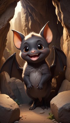 Cute smiling bat in a cave smiling with joy