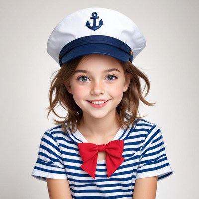 Smiling girl in sailor hat and striped shirt