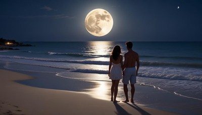 Couple gazes at full moon on peaceful beach