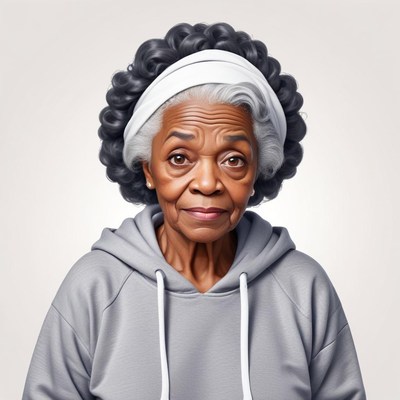 Elderly woman with curly gray hair wearing a hoodie