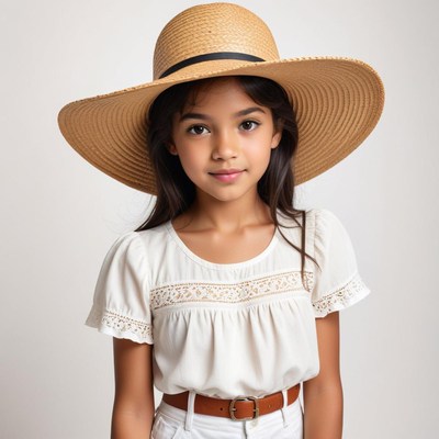 Young girl wearing a large sun hat and a white blouse