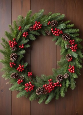Festive wreath with pinecones and red berries hanging