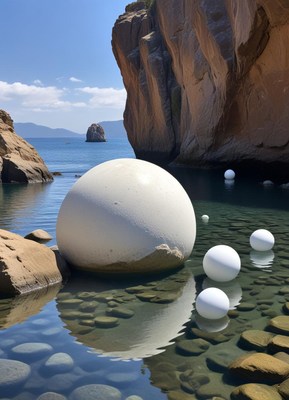 Large white orbs reflect in clear water by rocky cliffs