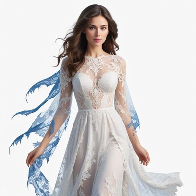 Elegant bride in flowing lace gown with blue accents