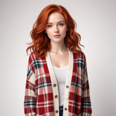 Woman in cozy cardigan with wavy red hair indoors
