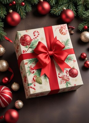 Christmas gift wrapped in vibrant red ribbon and decorations
