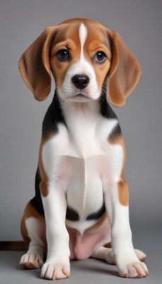 Sweet beagle puppy sitting on a grey background