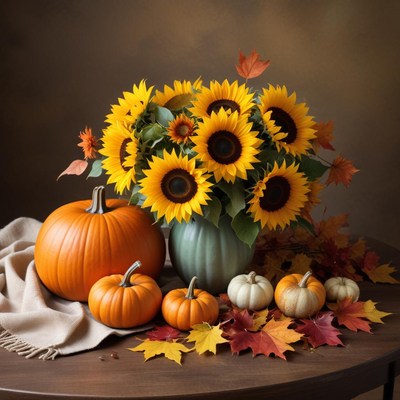 Bright sunflowers and pumpkins create a fall centerpiece