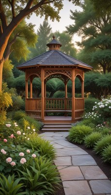 Serenity in a wooden gazebo surrounded by lush gardens