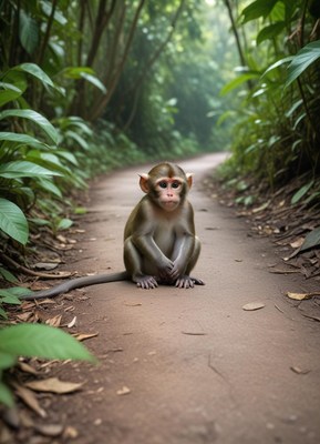 Juvenile monkey sitting on a forest trail in the morning