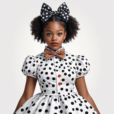 Girl in stylish polka dot dress with matching accessories