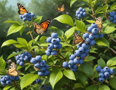 Butterflies and blueberries in a vibrant garden setting