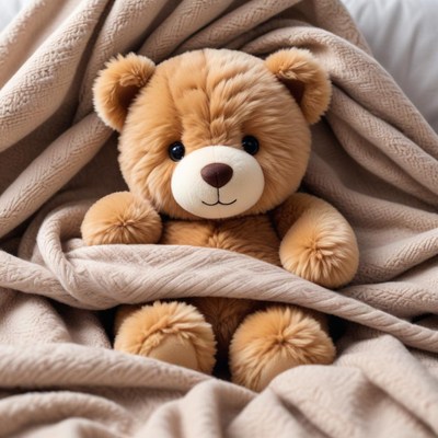 Cute teddy bear sitting on soft blanket indoors
