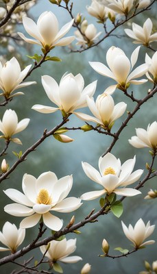 Magnolia blossoms open in springtime garden setting