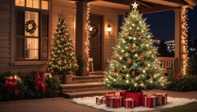 Holiday decorations brighten the night at a cozy home
