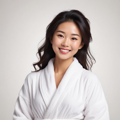 Smiling woman in a white robe with soft lighting