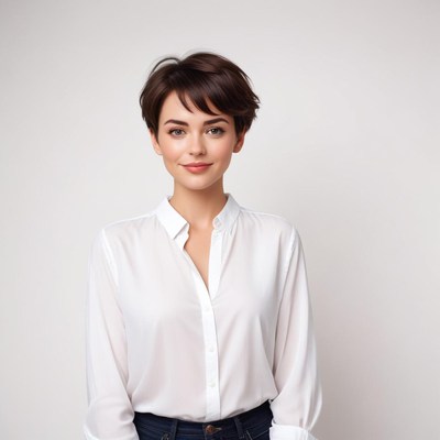 Young woman with short hair in a casual white shirt