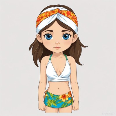 Cute girl character in summer outfit with tropical design
