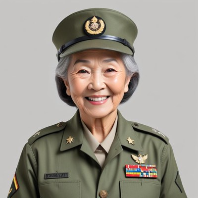 Smiling woman in military uniform with medals and hat