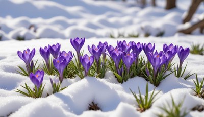 Vibrant purple crocuses blooming through the snow