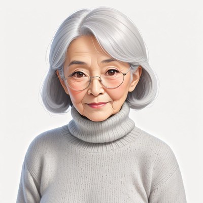 Elderly woman with gray hair wearing glasses and a sweater