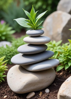 Five stacked stones with a green plant in a garden setting