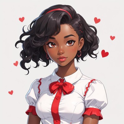 Charming woman with curly hair and playful heart backdrop