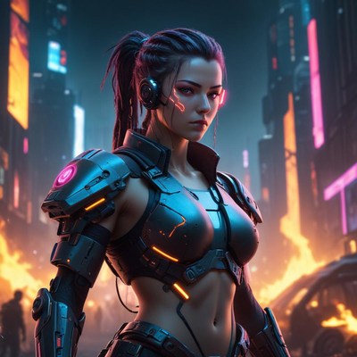 Futuristic warrior stands in a neon cityscape at night