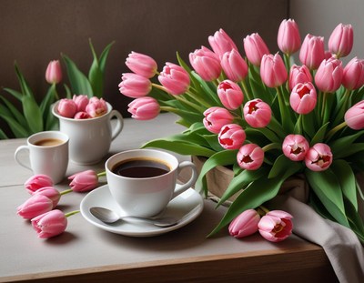 Bright morning with tulips and coffee cups on the table